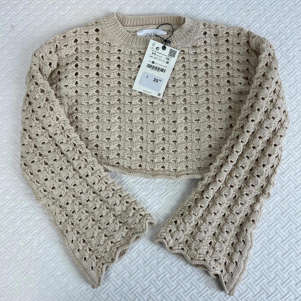 Brand New Zara Kids 8-9 Years old Tan Knit Pullover Top Beach Flared Crochet